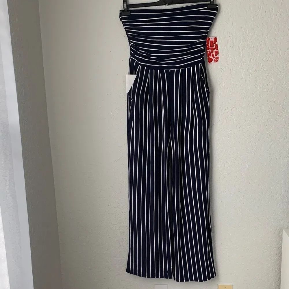 NWT Heart Hips Navy/White Striped Strampless Wide Leg Jumpsuit Size L